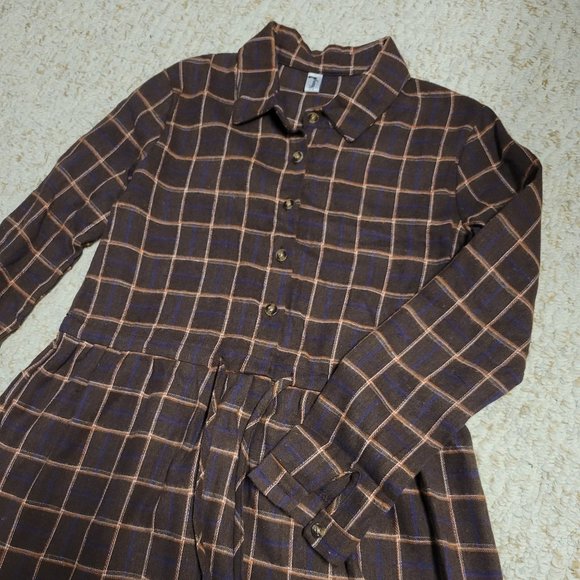 YESSTYLE Women's brown long-sleeved collared plaid cottagecore dress - Picture 3 of 4